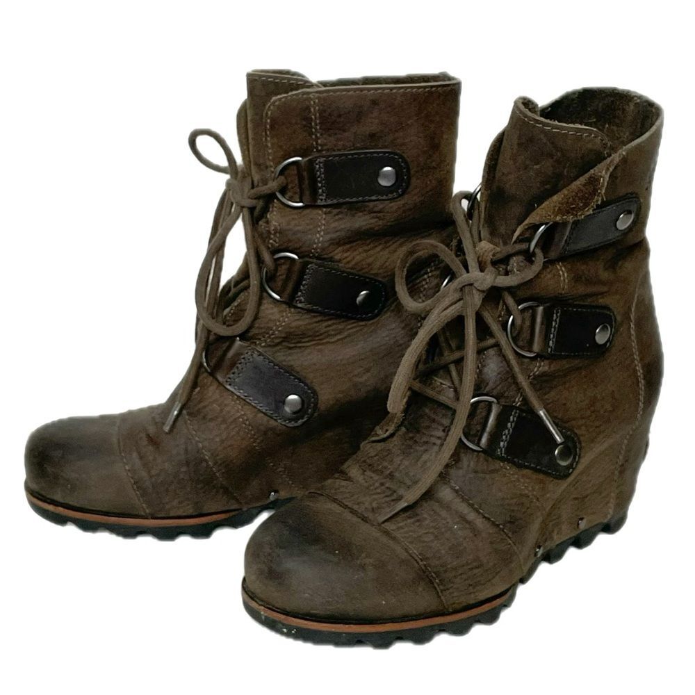 Sorel Joan of Arctic Dark Brown Leather Boots Size 6 Distressed Lace Up Boots